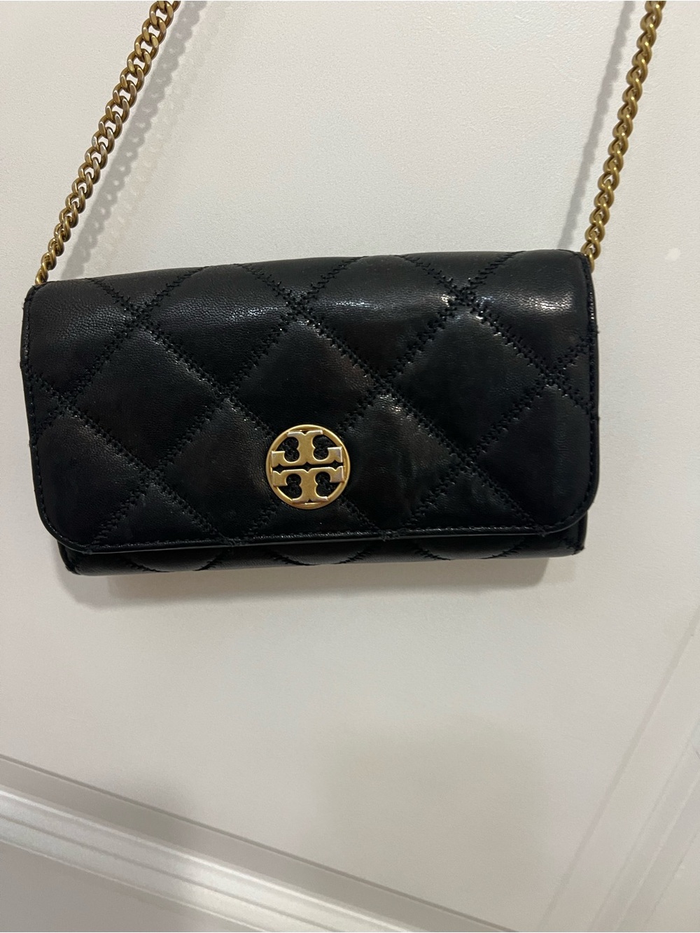 Tory Burch Black Quilted Leather Chain Crossbody with Gold Logo